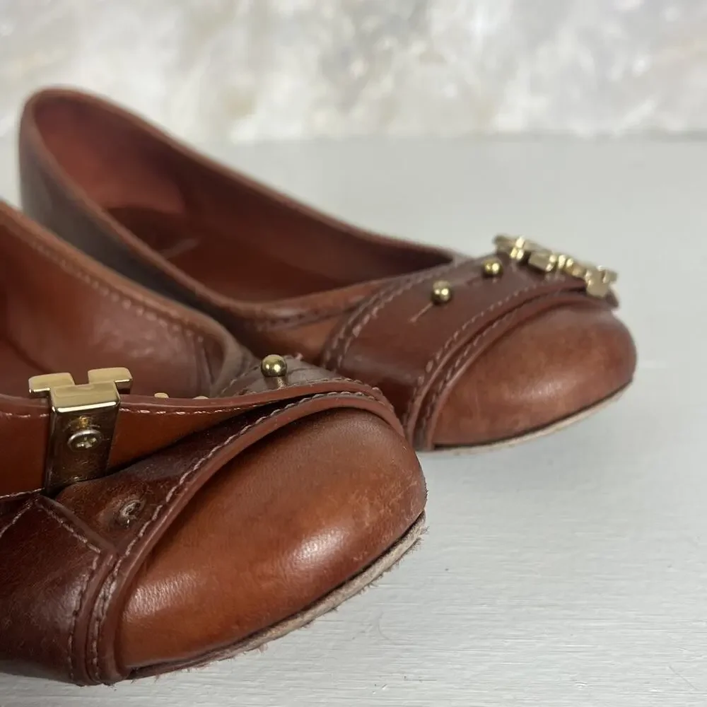 Tory Burch Brown Pebbled Leather Gold Reva Buckle Elina Ballet Flats Size 7M